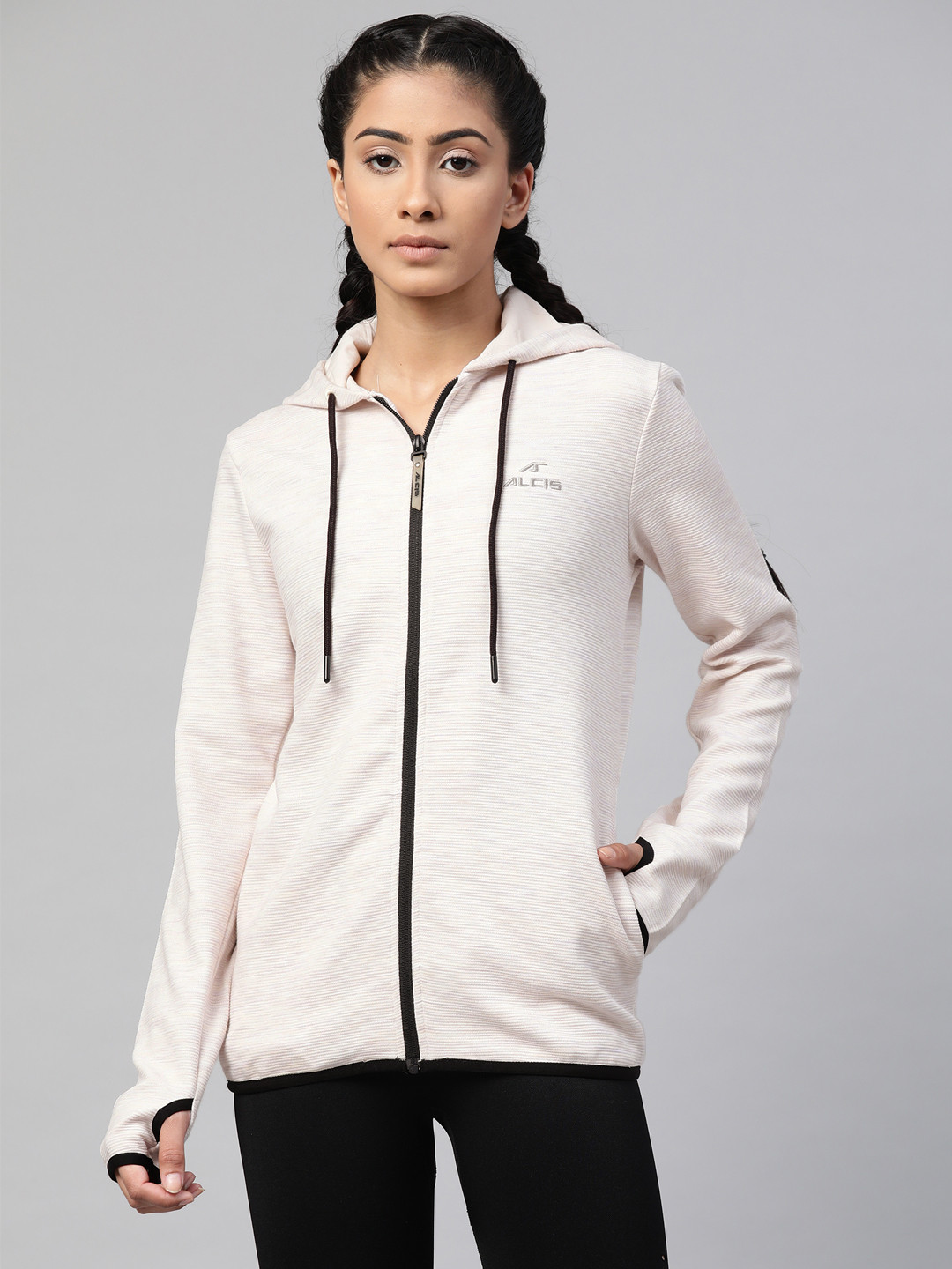 Alcis Women Cream-Coloured Ribbed Hooded Sporty Jacket