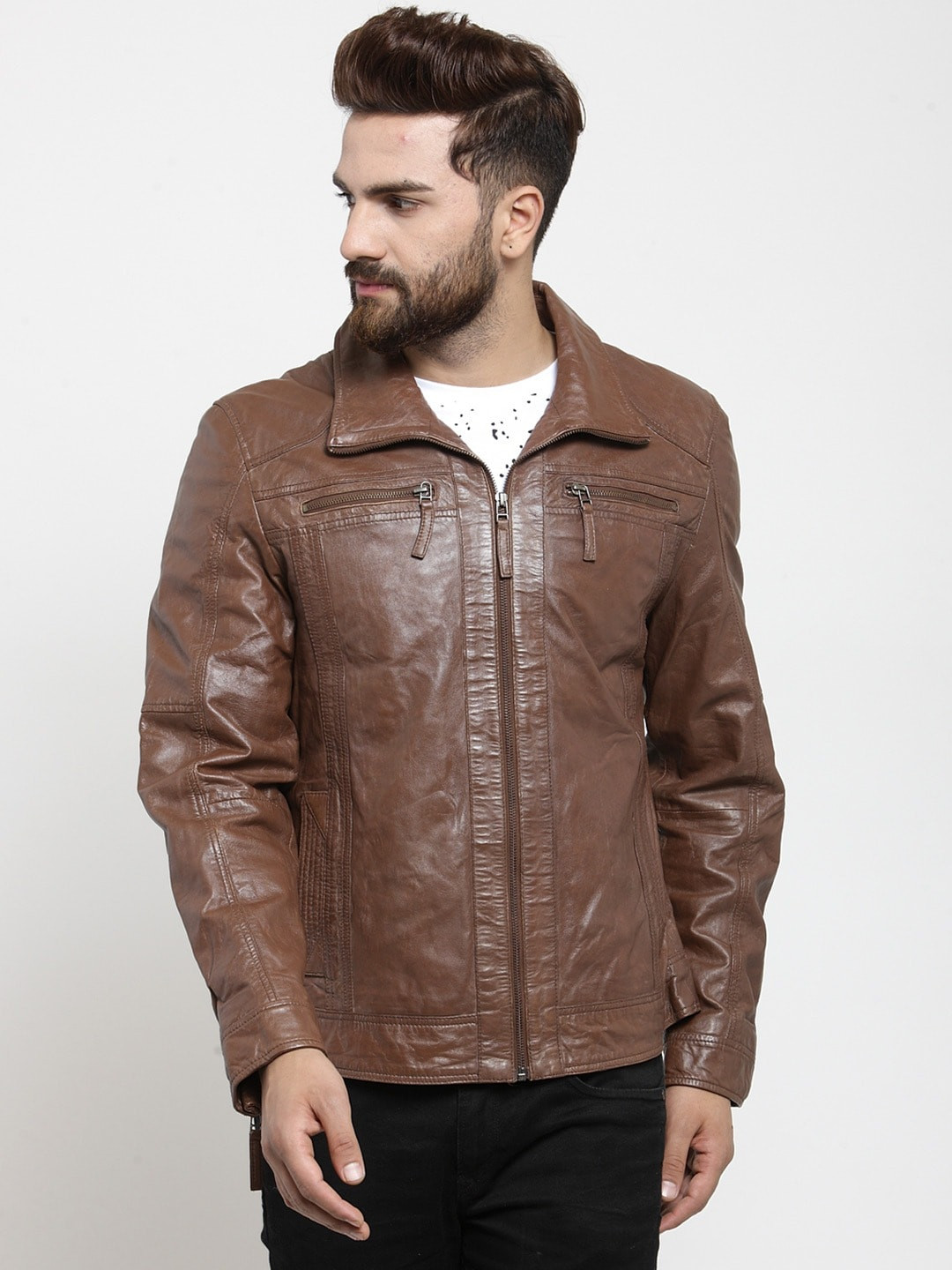 Teakwood Leathers Men Brown Solid Water Resistant Leather Jacket