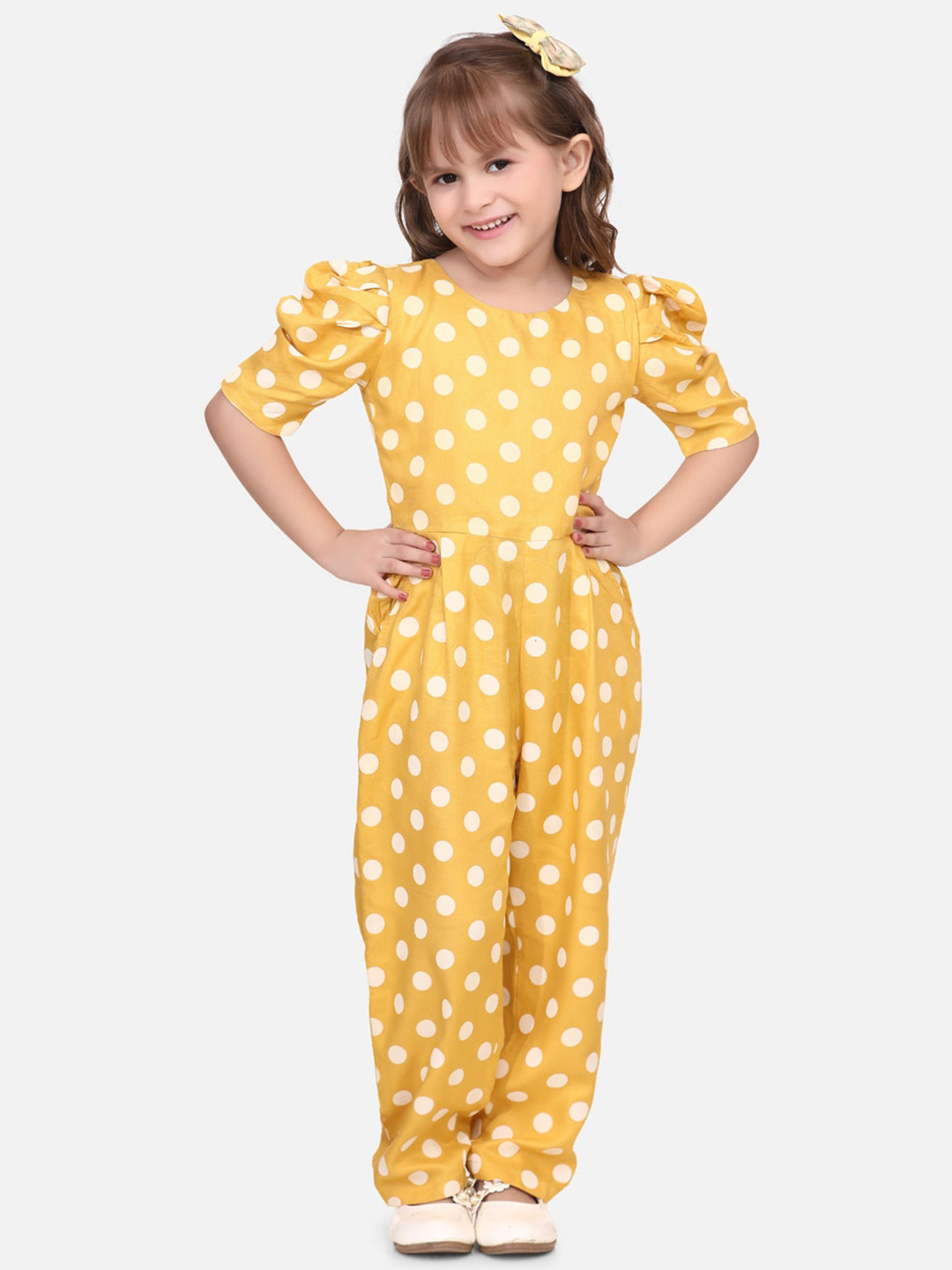 Fairies Forever Girls Mustard Yellow & Pink Pola Dot Printed Basic Jumpsuit
