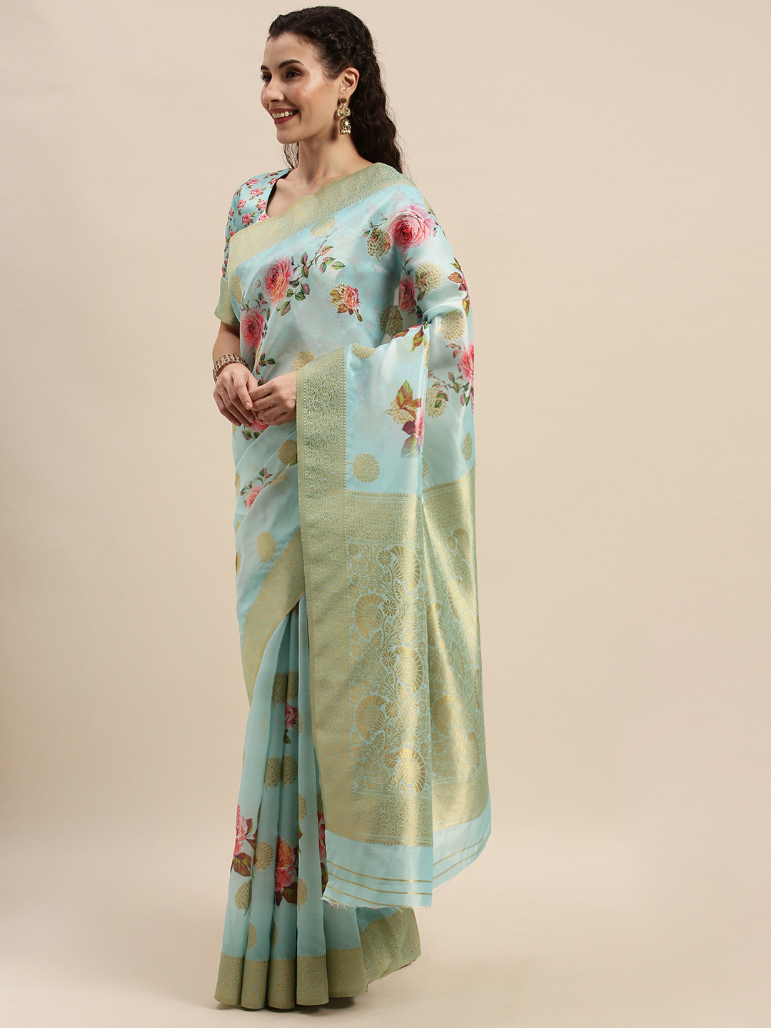 Kvsfab Blue & Pink Silk Printed Festive Saree