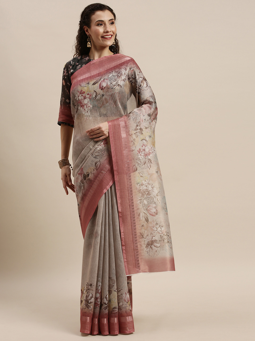 Kvsfab Beige Weaving Digital Printed Cotton Blend Saree