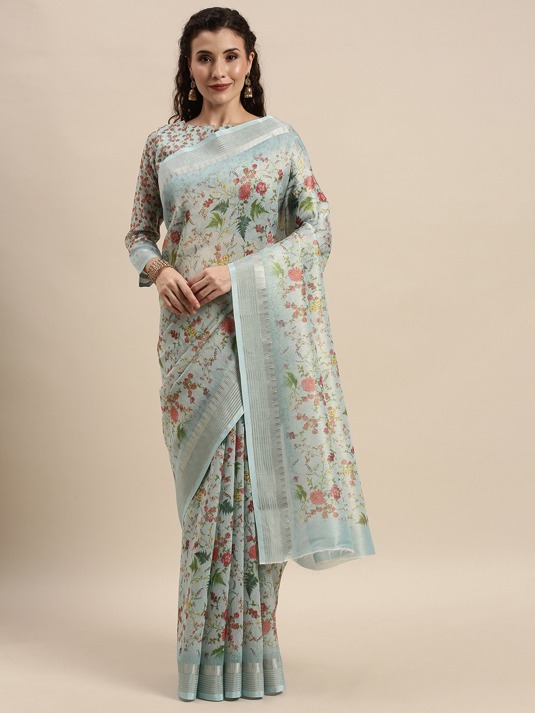 Kvsfab Sky Blue Weaving Digital Printed Cotton Blend Saree