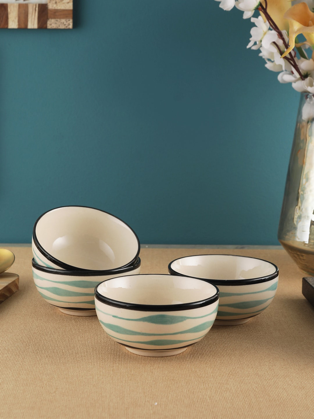VarEesha Set Of 4 Off-White & Blue Printed Ceramic Bowls