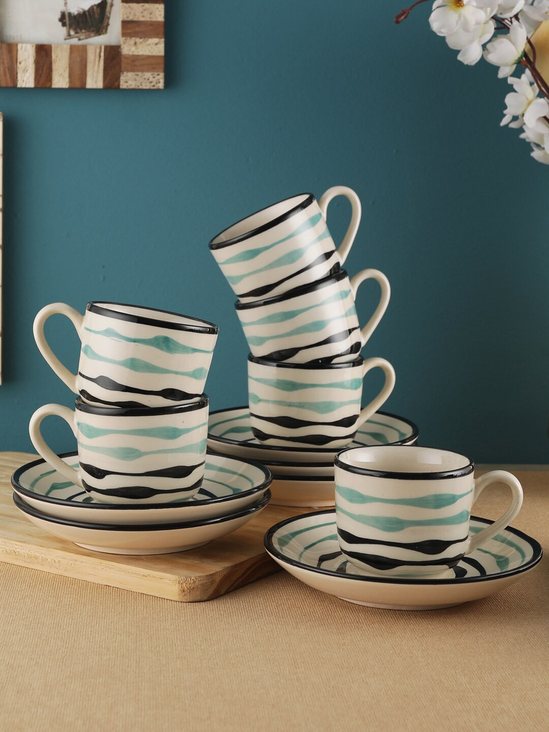 VarEesha Off-White & Black 6-Pieces Printed Ceramic Cups and Saucers Set