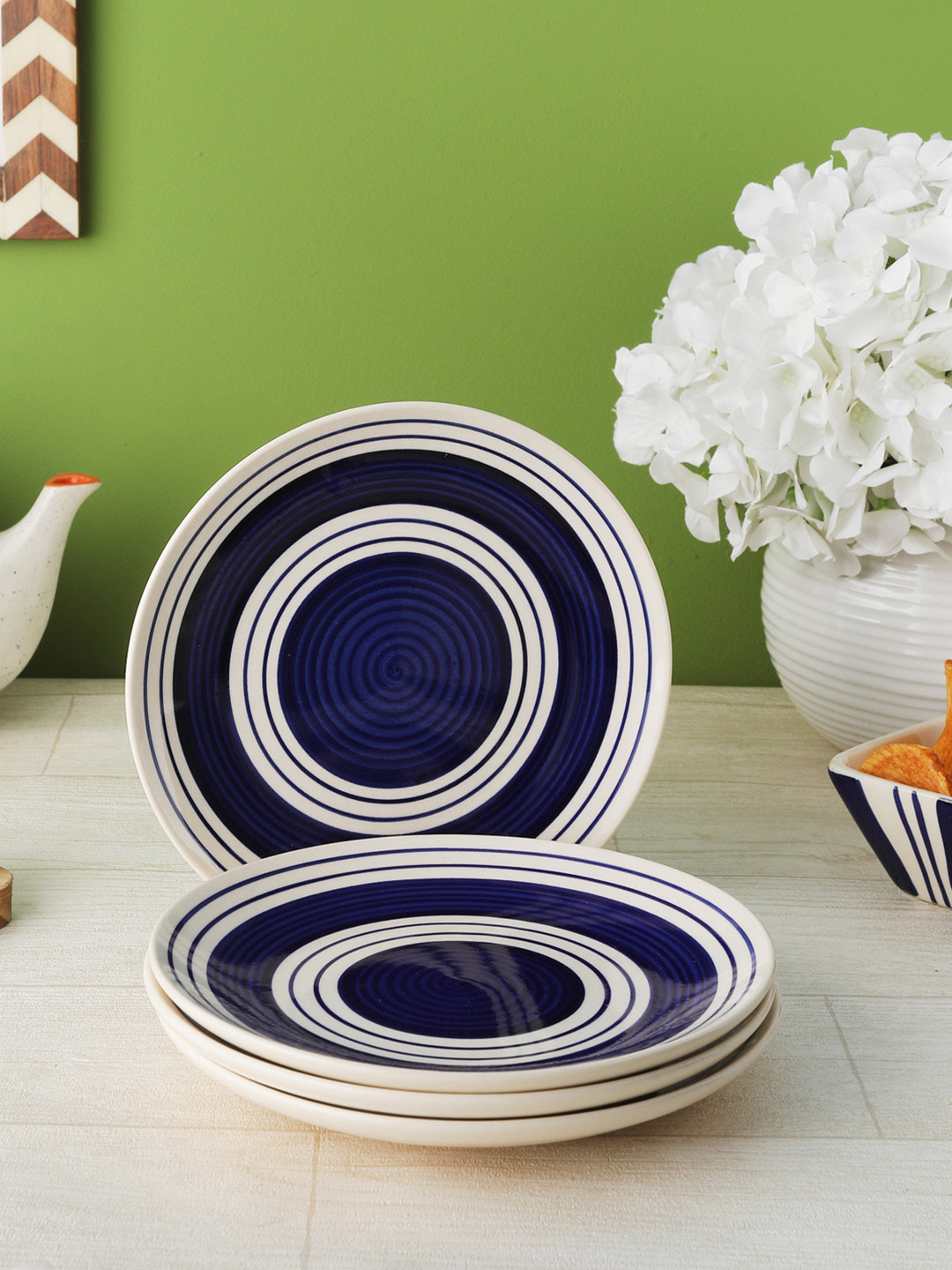 VarEesha Blue & Beige Striped 4-Pieces Ceramic Plates Set