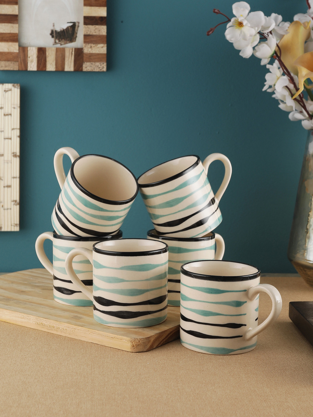 VarEesha Nawabi Off White Striped Ceramic Microwave Safe 6 Piece Mugs-150ml