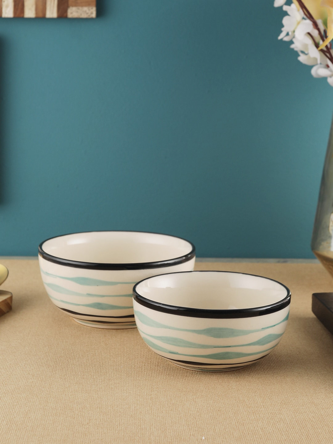 VarEesha Beige & Blue 2-Pieces Printed Ceramic Bowls Set
