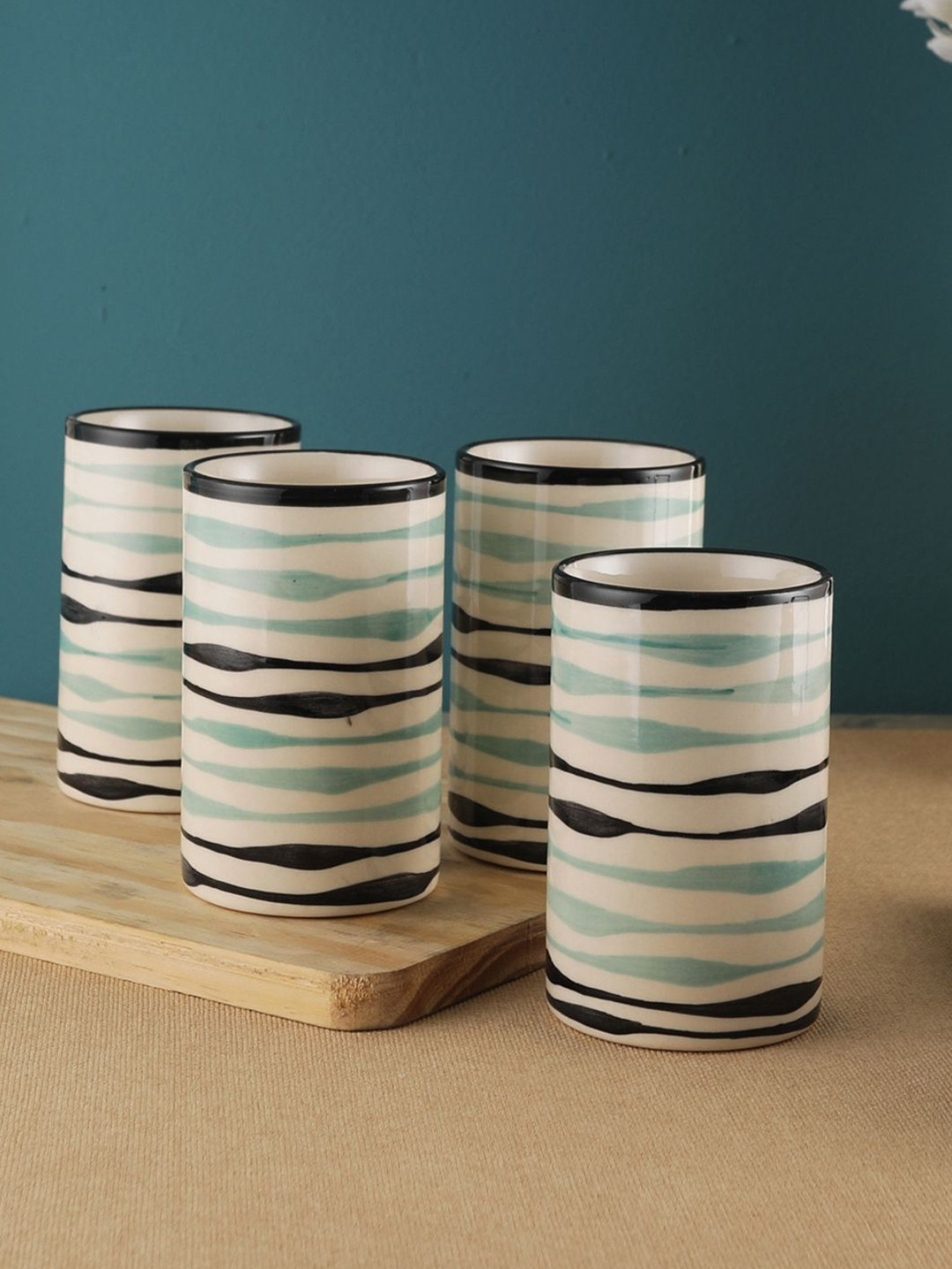 VarEesha Off-White & Green Printed 4-Pieces Ceramic Glasses Set