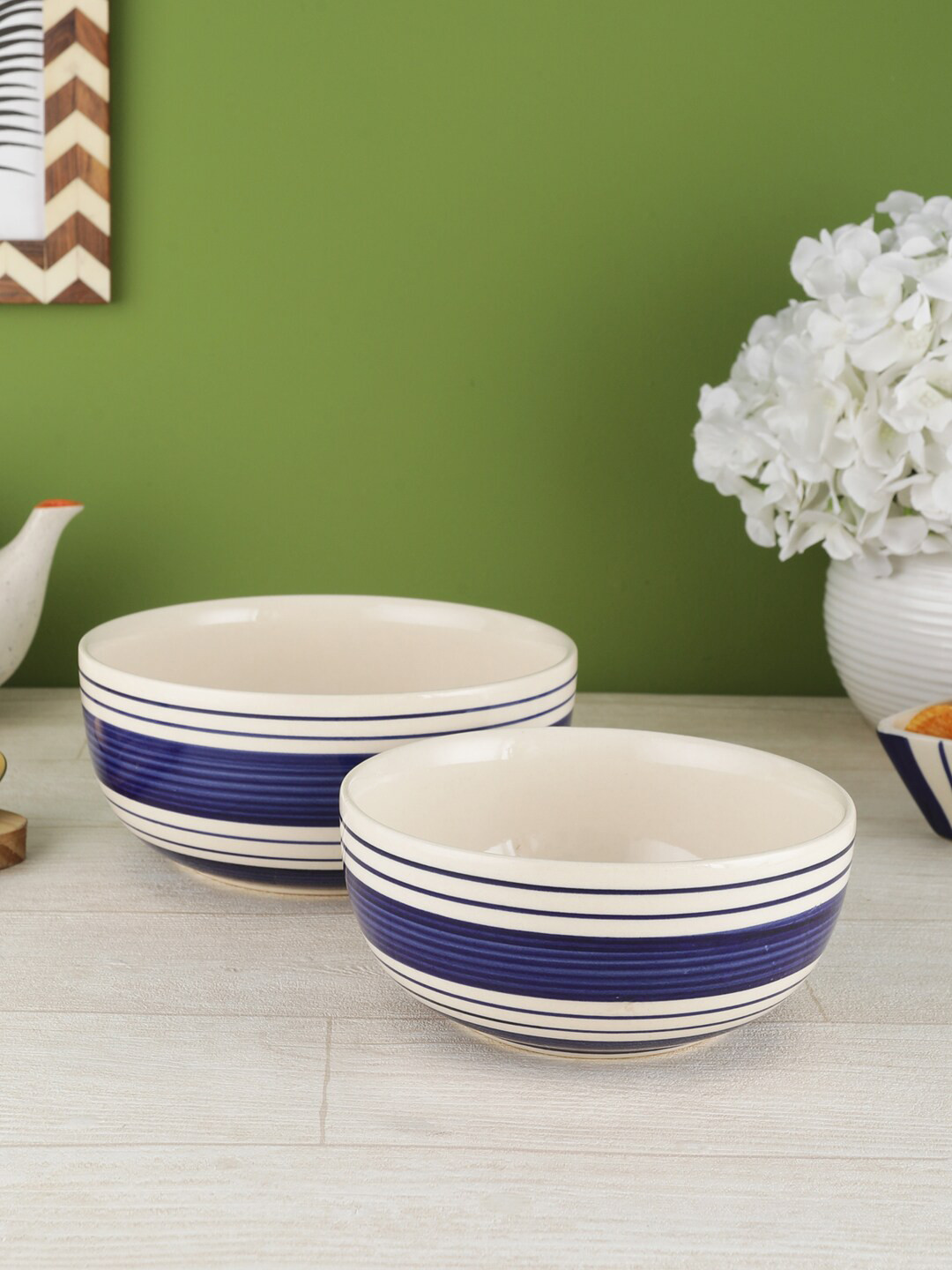 VarEesha Navy Blue & White 2-Pieces Printed Ceramic Bowls Set