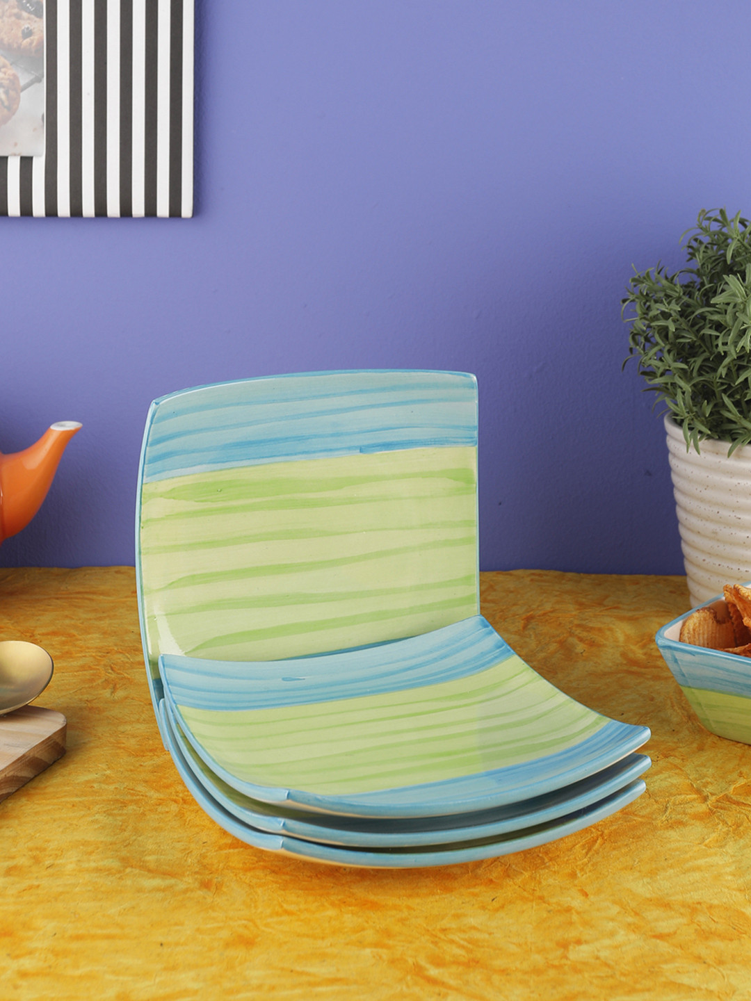 VarEesha Green & Blue 4-Pieces Printed Square Ceramic Plates Set