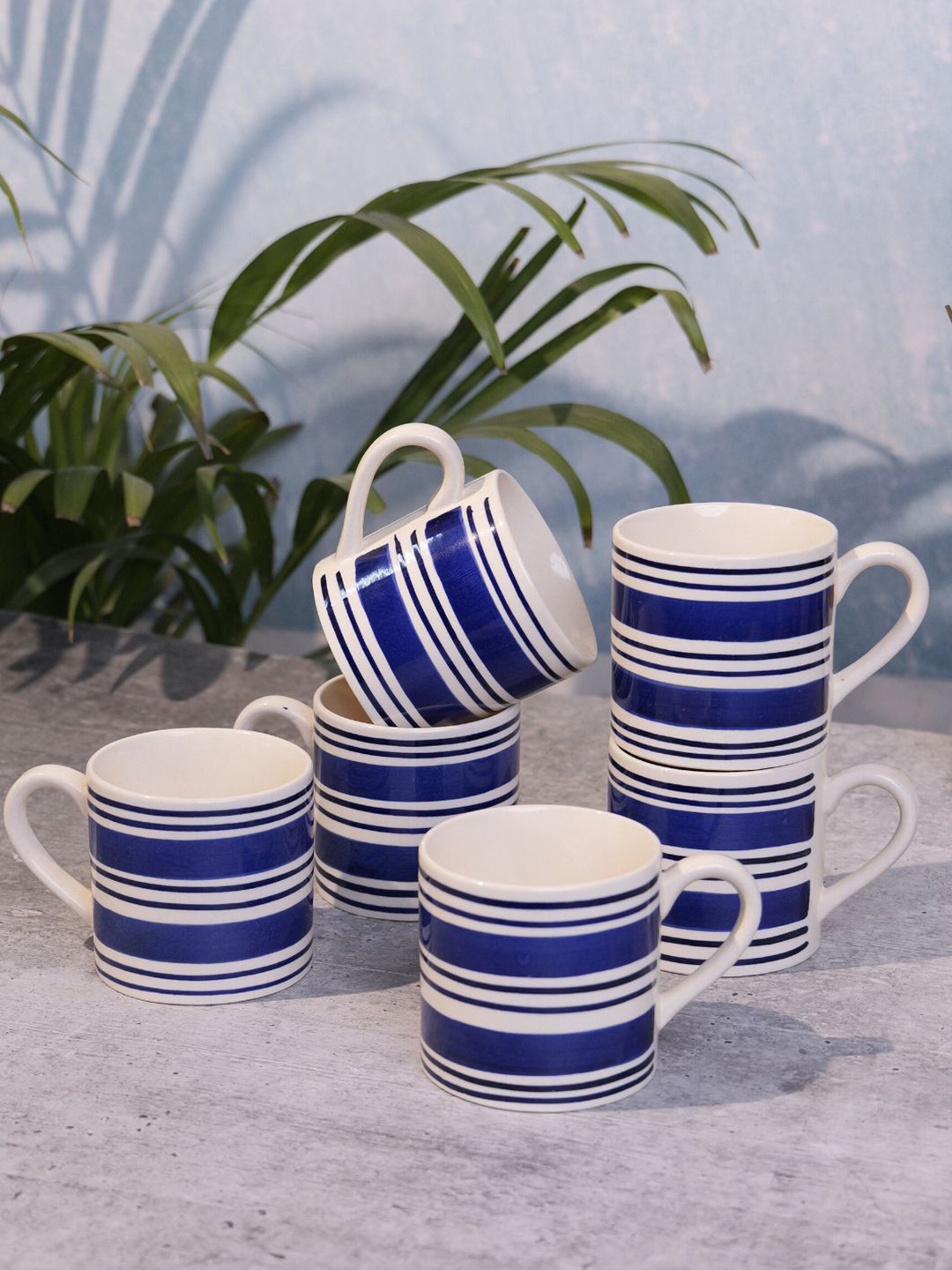 VarEesha Im Not 50 Blue Striped Ceramic Handmade 6 Piece Cups-150ml