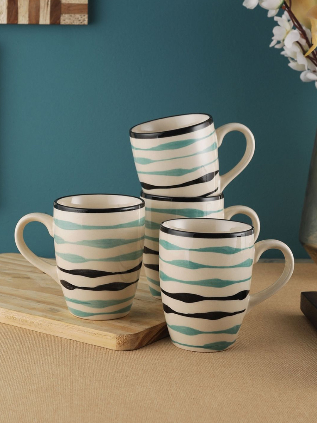 VarEesha Ripple Off White Ceramic Microwave Safe 4 Piece Mugs-220ml