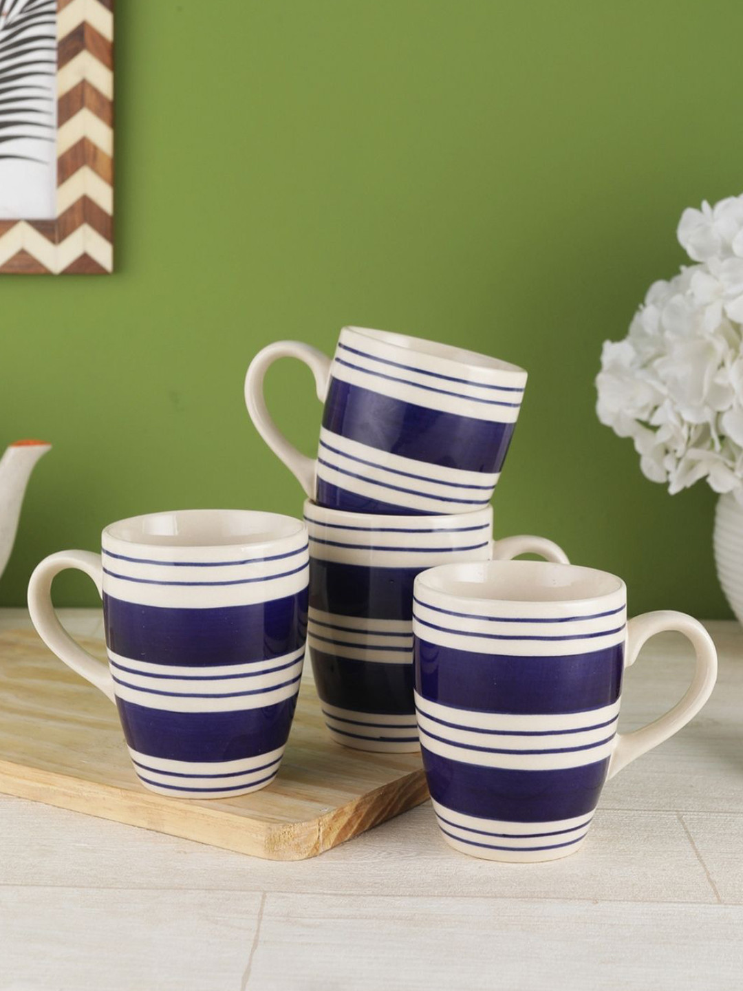 VarEesha Blue Striped Ceramic Microwave Safe 4 Piece Mug-220ml