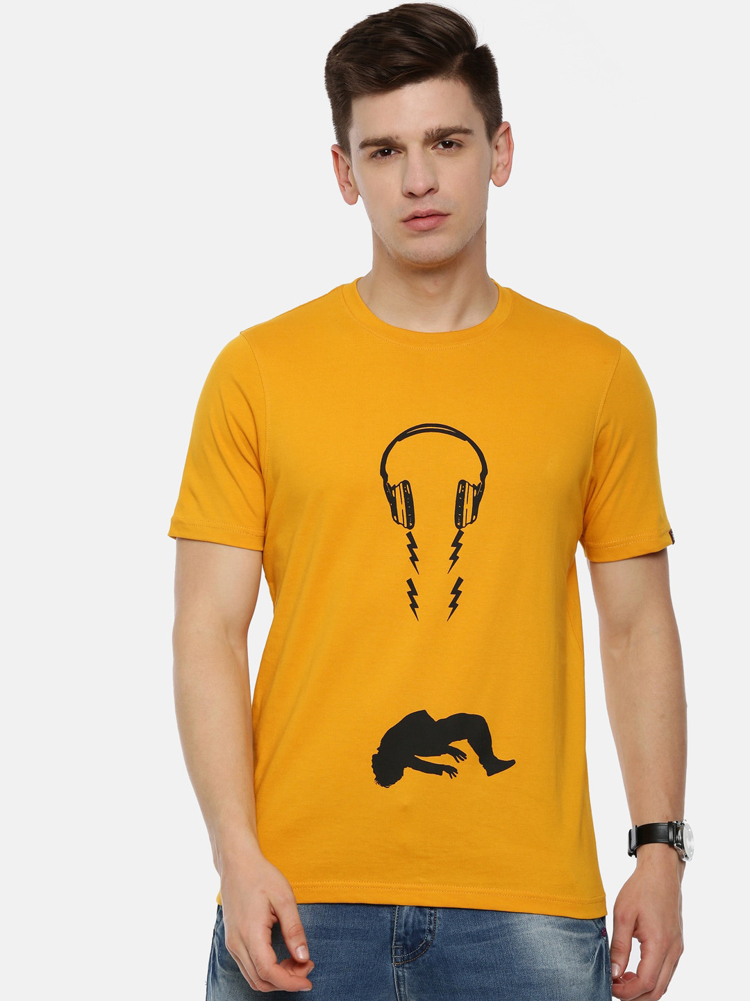 Bushirt Men Mustard Yellow & Black Headphone Print Round Neck T-shirt