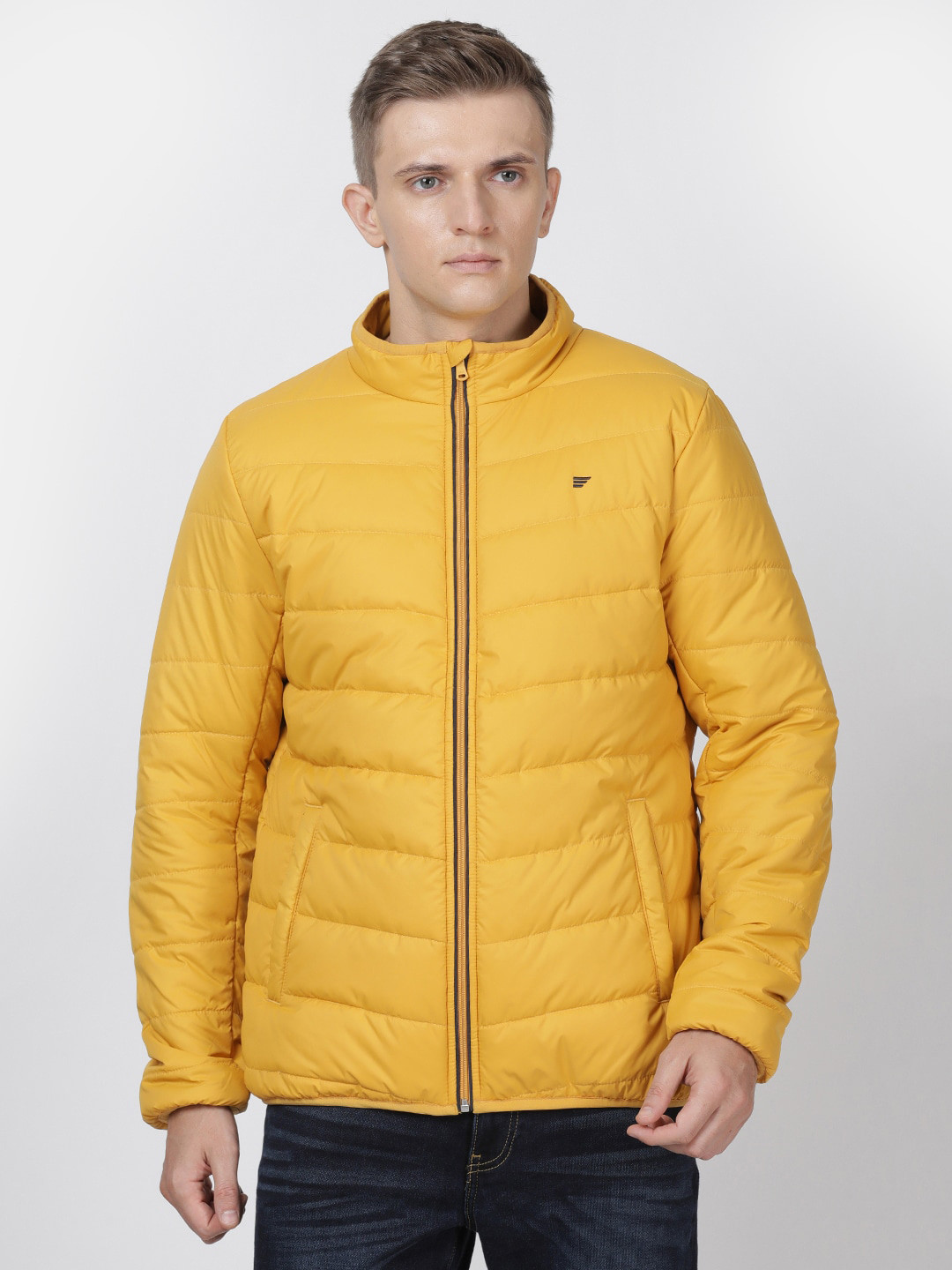 t-base Men Mustard Yellow Solid Lightweight Puffer Jacket