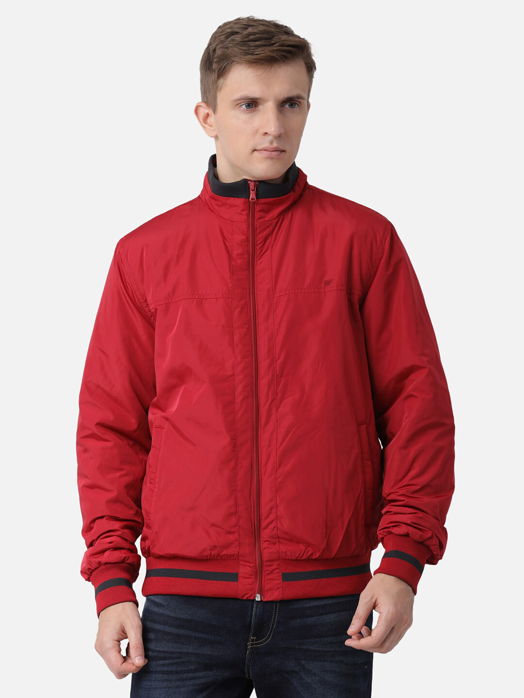 t-base Men Red Solid Lightweight Bomber Jacket