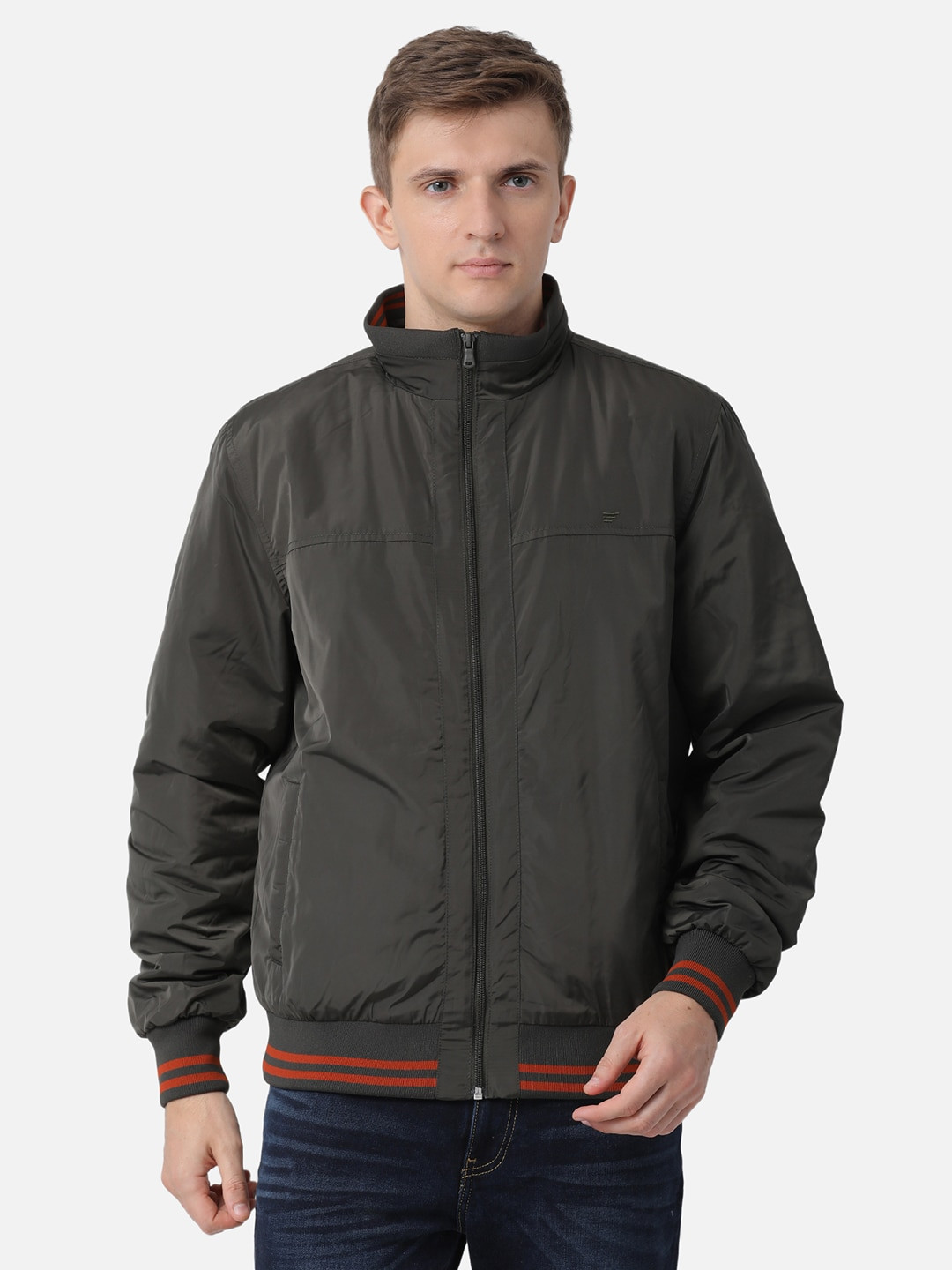 t-base Men Charcoal Grey Solid Lightweight Bomber Jacket