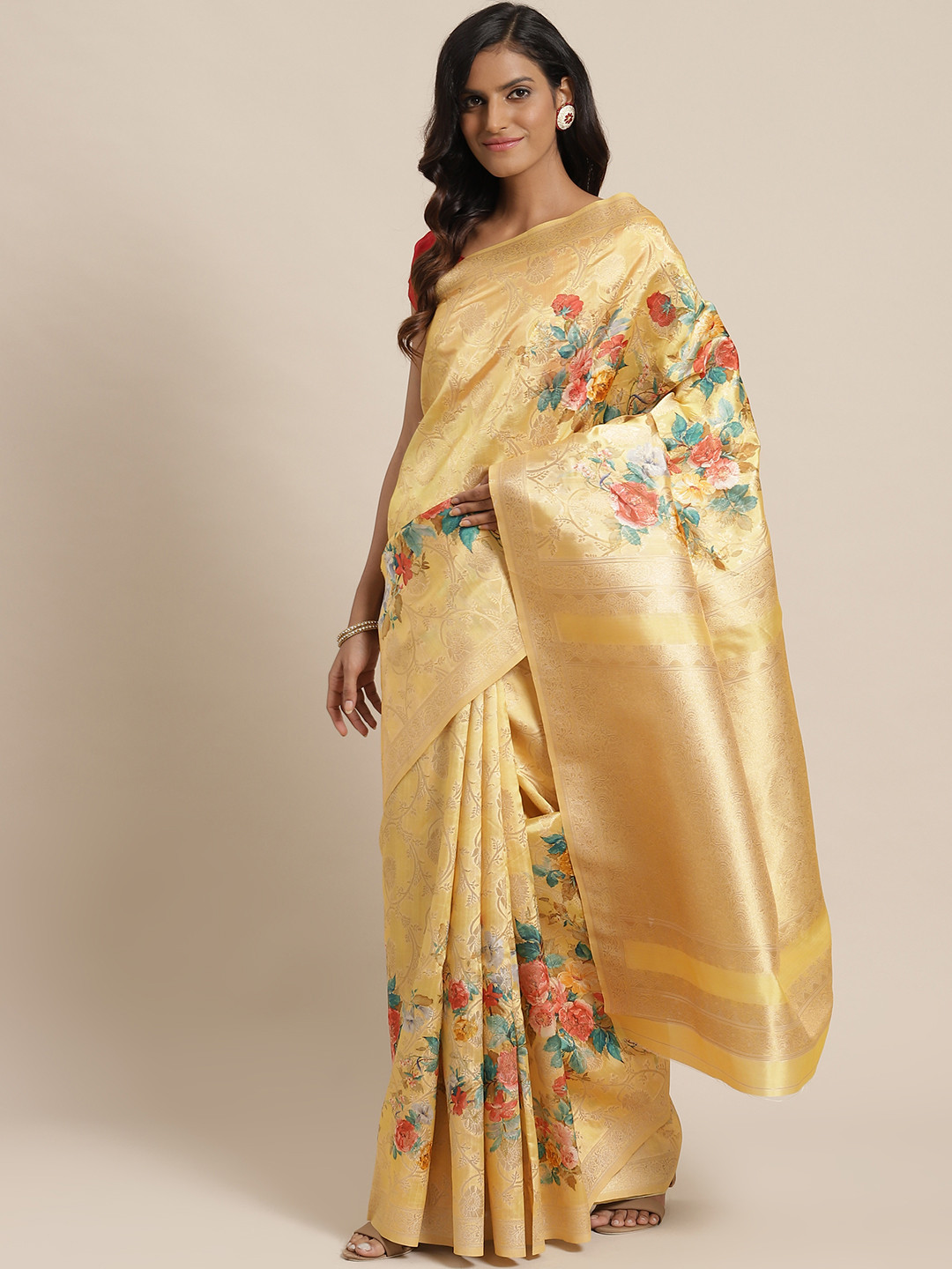 Mitera Beige & Orange Floral Patterned Zari Saree