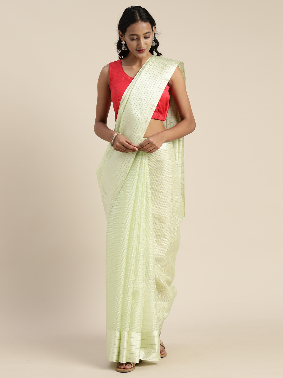 Satrani Green Solid Poly Silk Saree