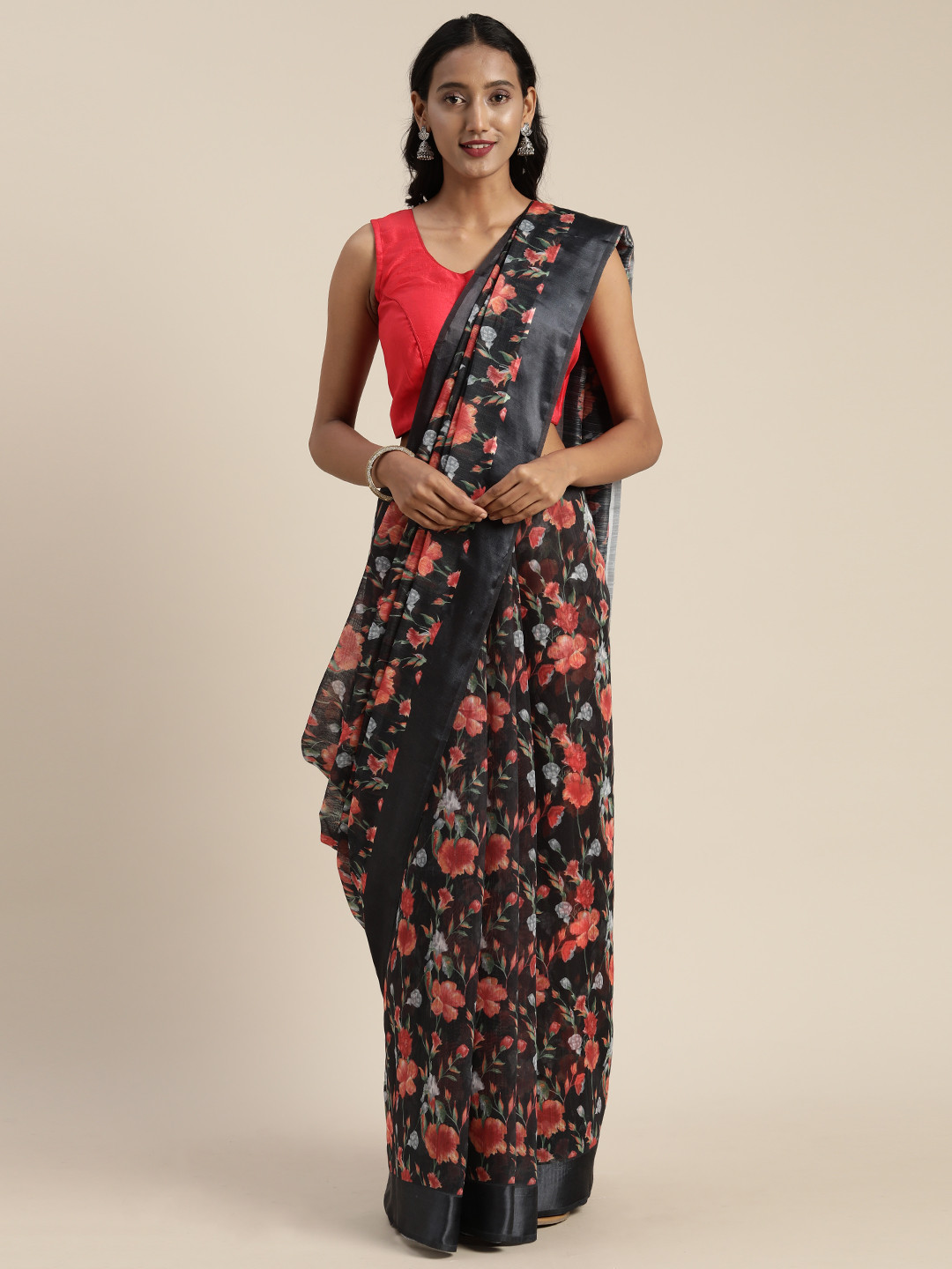 Satrani Black & Peach-Coloured Cotton Blend Digital Printed Saree