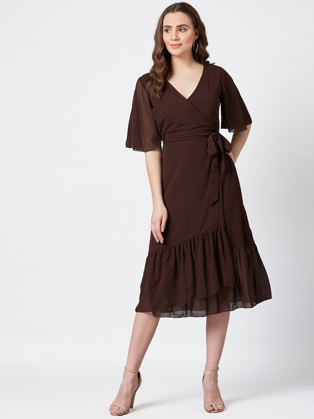 PANIT Women Coffee Brown Solid Midi Wrap Dress with Belt