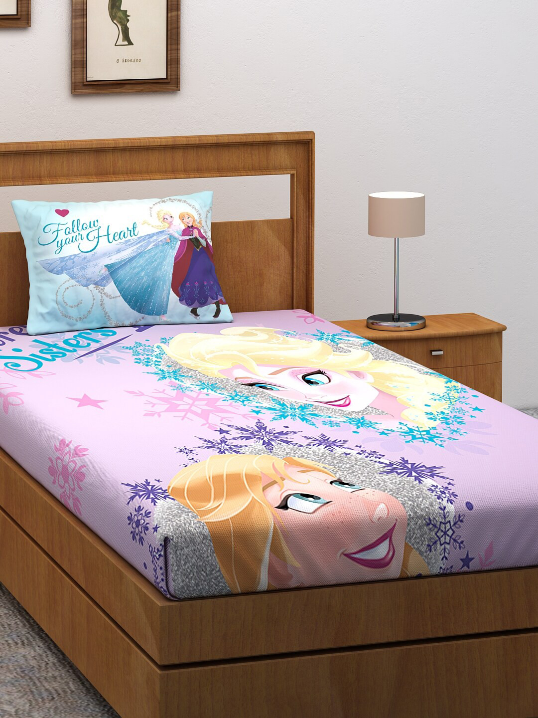 Disney Purple & Pink Frozen Digital Printed 180 TC Cotton Bedsheet with 2 Pillow Covers