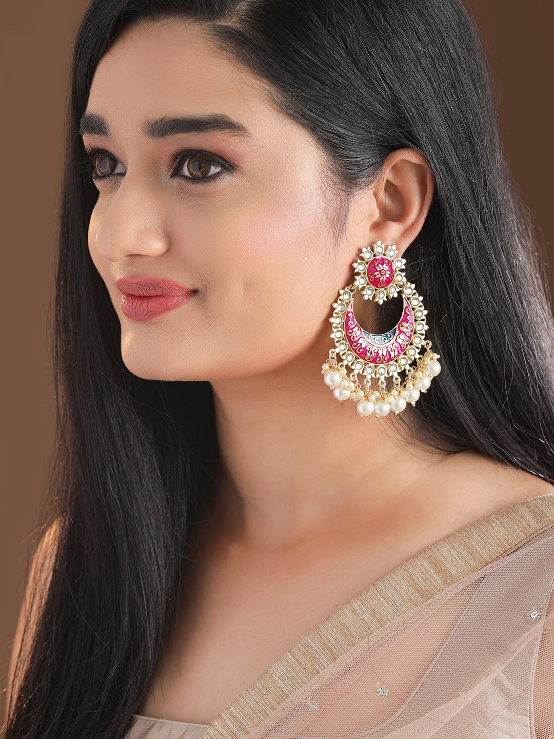Rubans Pink Gold-Plated Stone-Studded & Beaded Crescent Shaped Meenakari Chandbalis