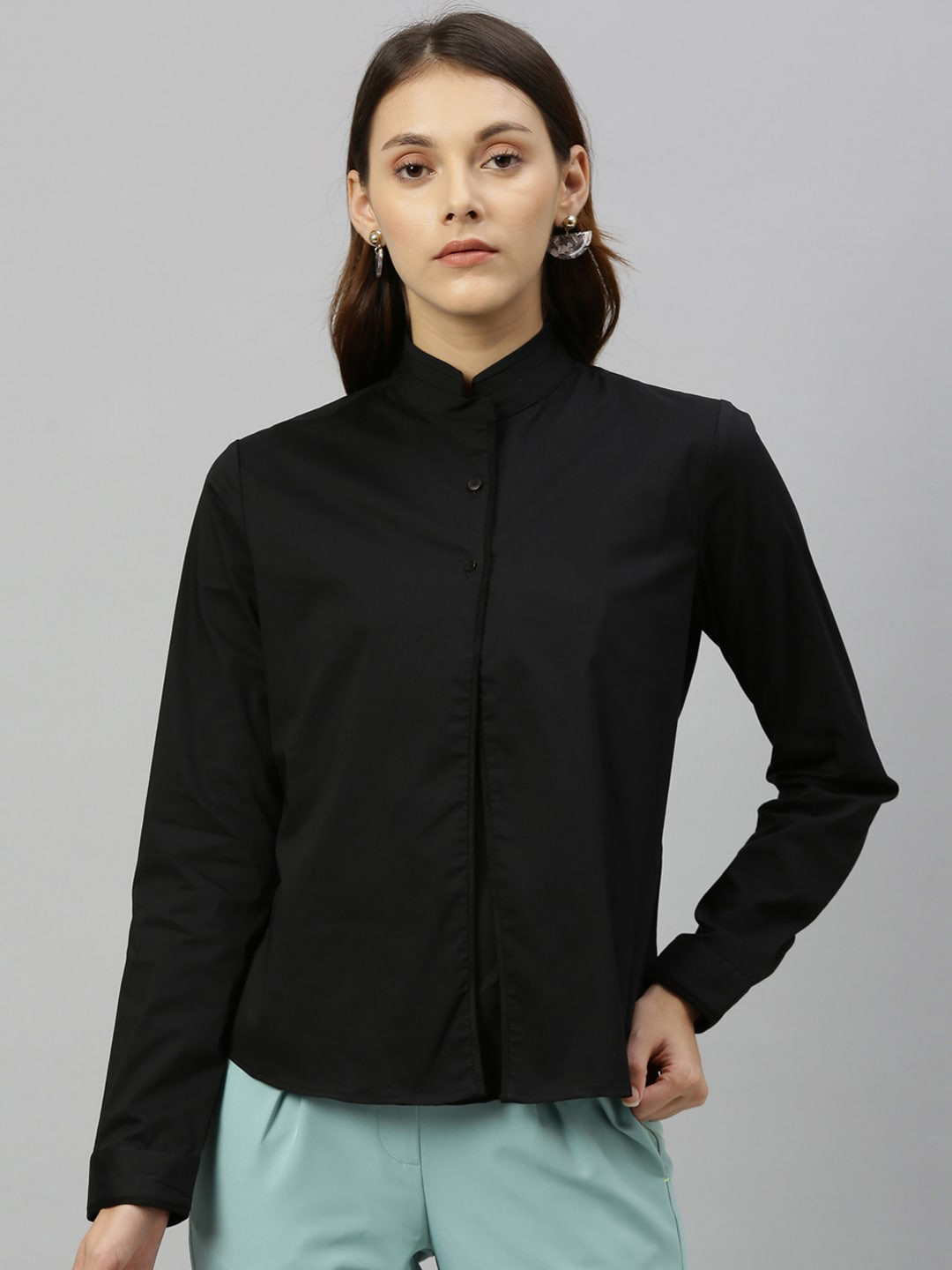 RAREISM Women Black Solid Shirt Style Pure Cotton Top