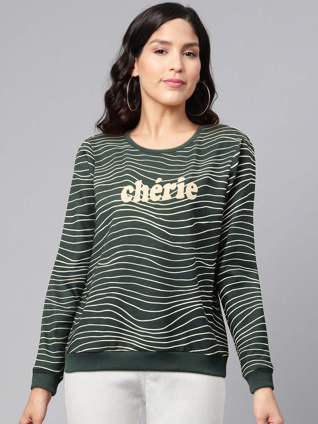 Vero Moda Women Green & White Striped Sweatshirt