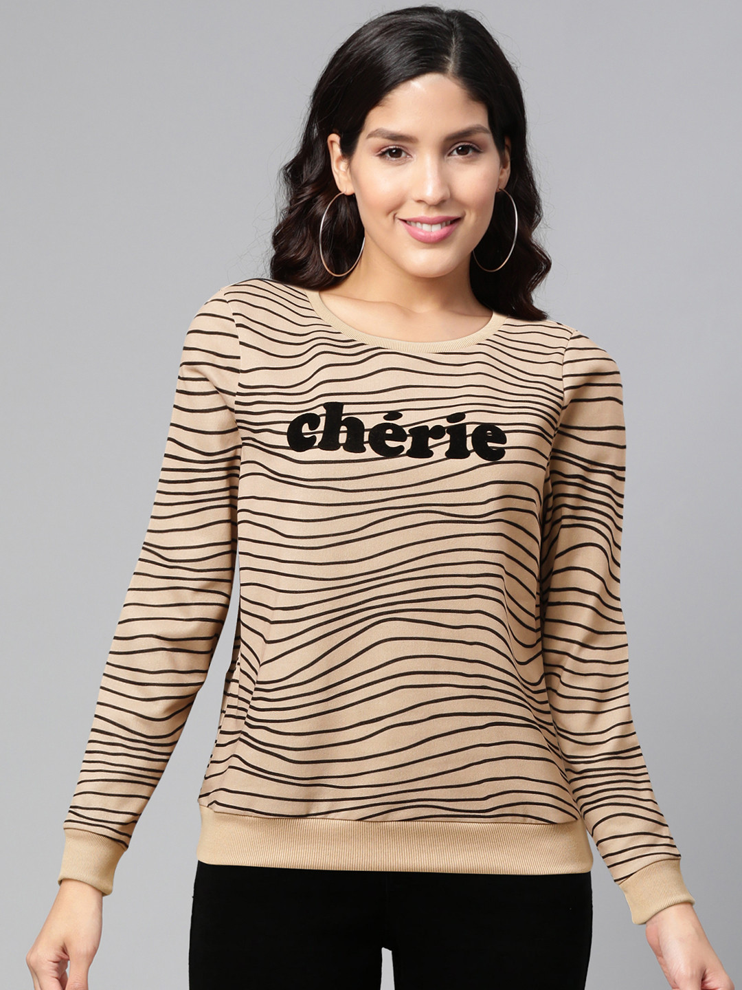 Vero Moda Women Beige & Black Striped Sweatshirt