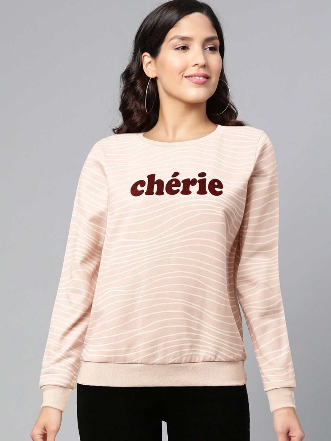 Vero Moda Women Peach-Coloured & White Striped Sweatshirt