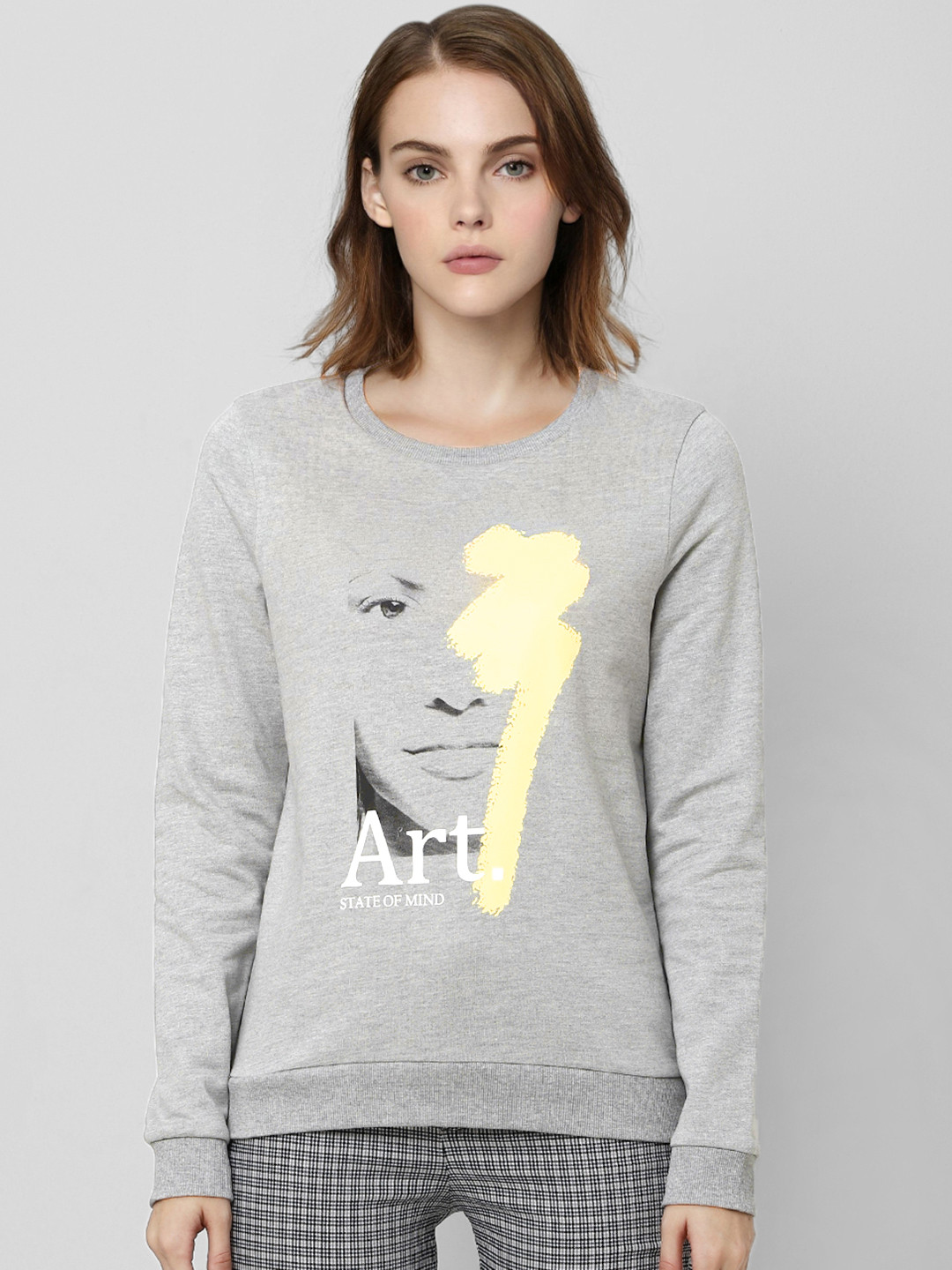 Vero Moda Women Grey Melange & Yellow Printed Sweatshirt