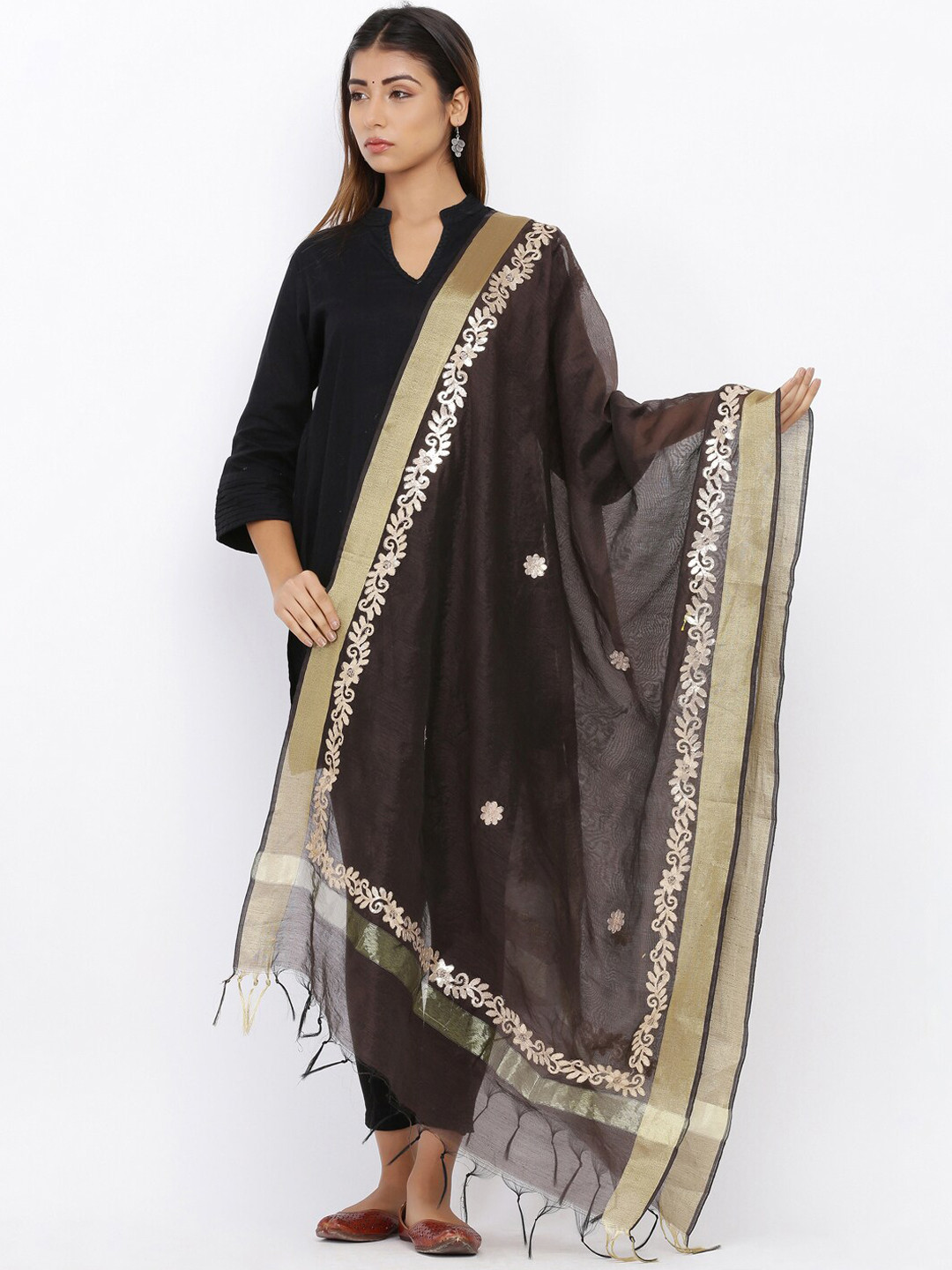 SOUNDARYA Coffee Brown & Golden Gotta Patti Embroidered Dupatta