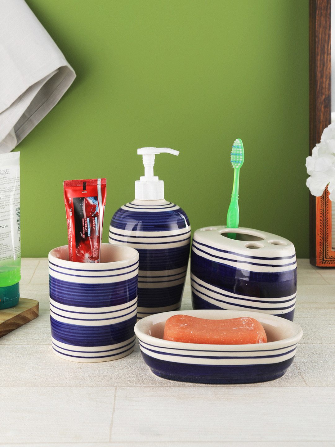 VarEesha Blue & Off-White Striped Indigo Ceramic Four Piece Bathroom Accessories Set