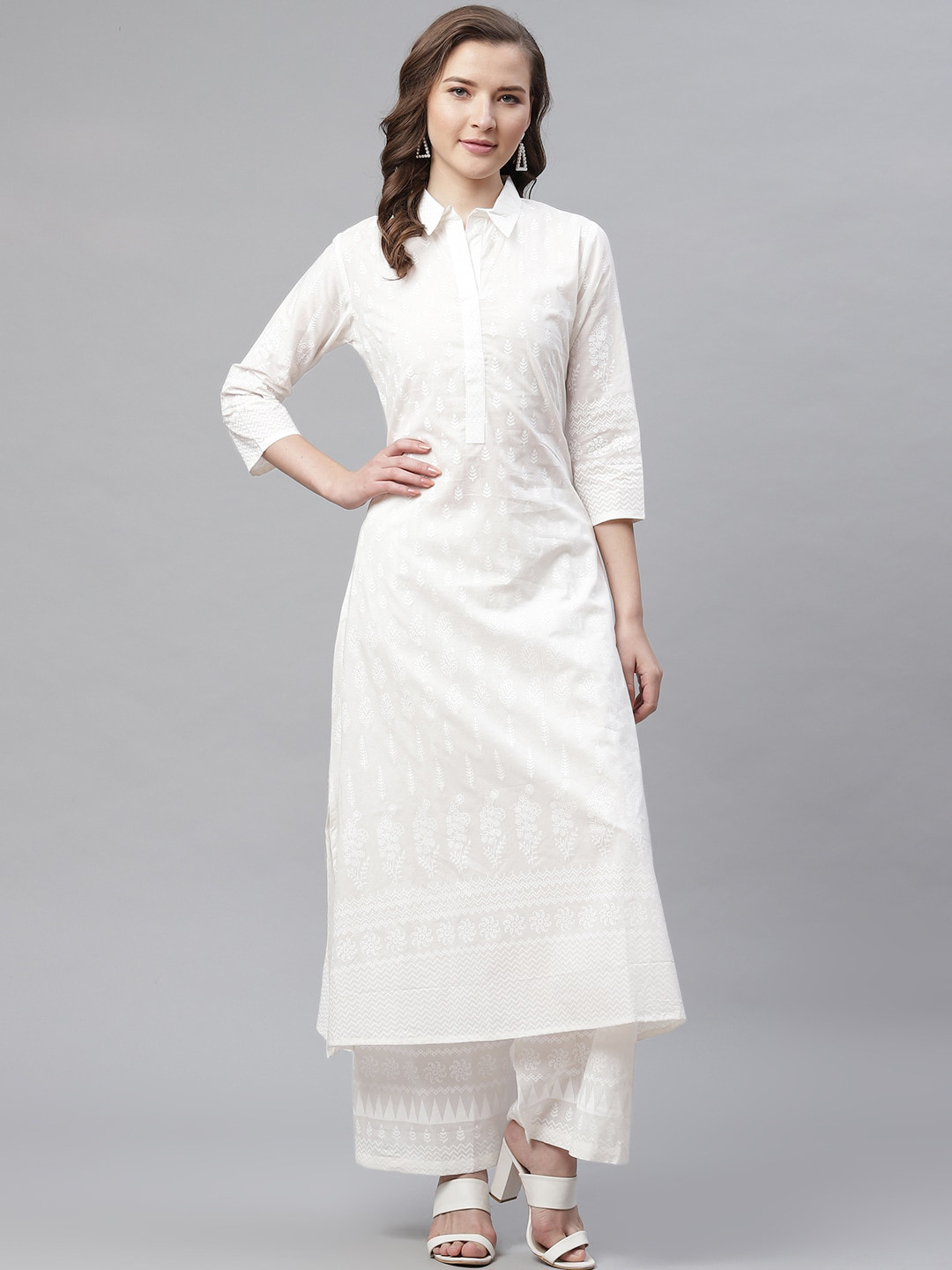 Divena Women White Printed Shirt Kurta with Palazzos