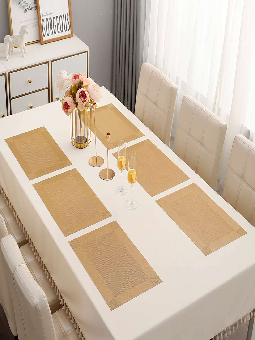 HOKIPO Gold-Toned Set Of 6 Solid Heat Resistant Table Placemats