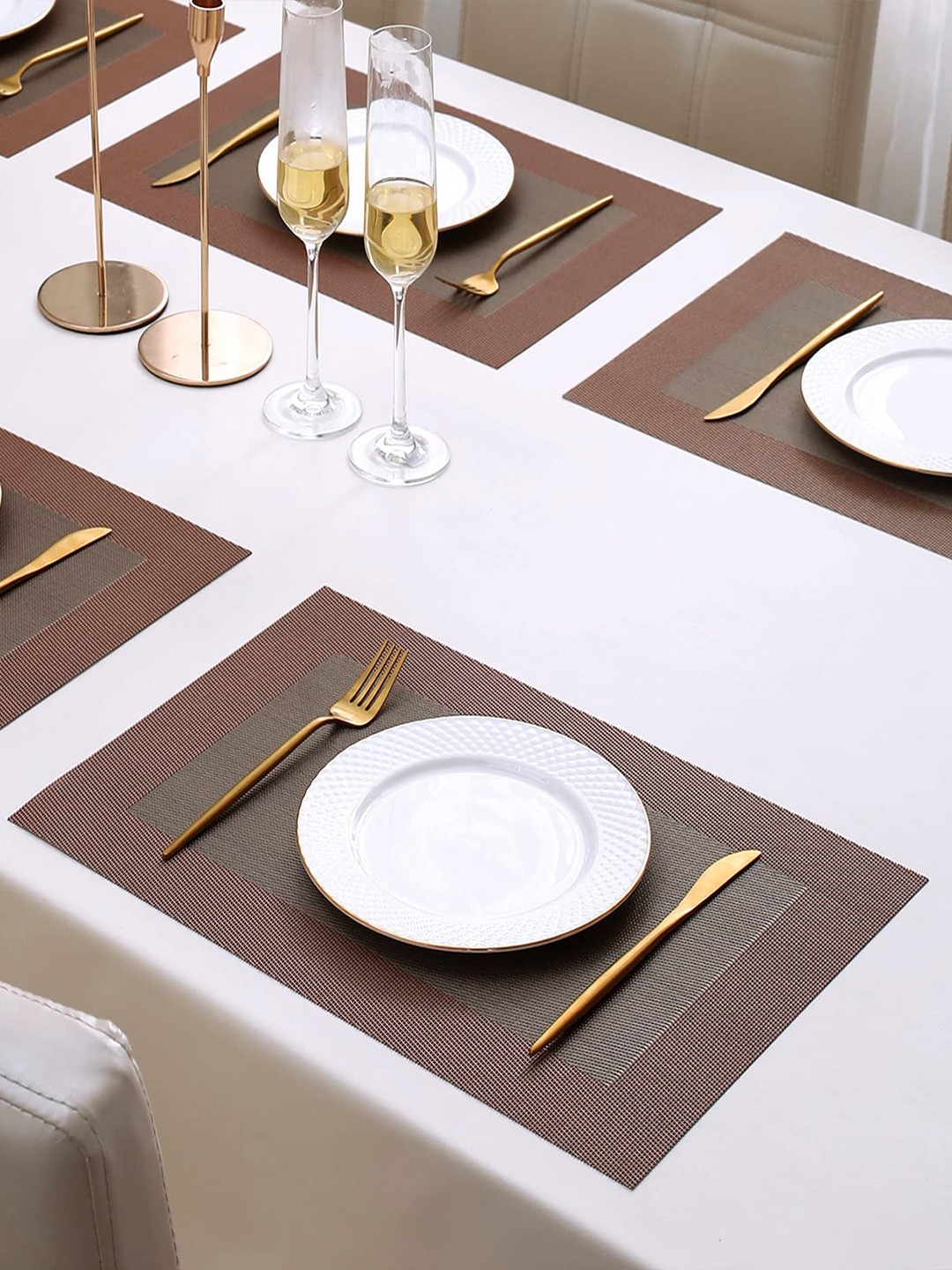 HOKIPO Set Of 6 Orange Textured & Colourblocked Reversible Table Placemats