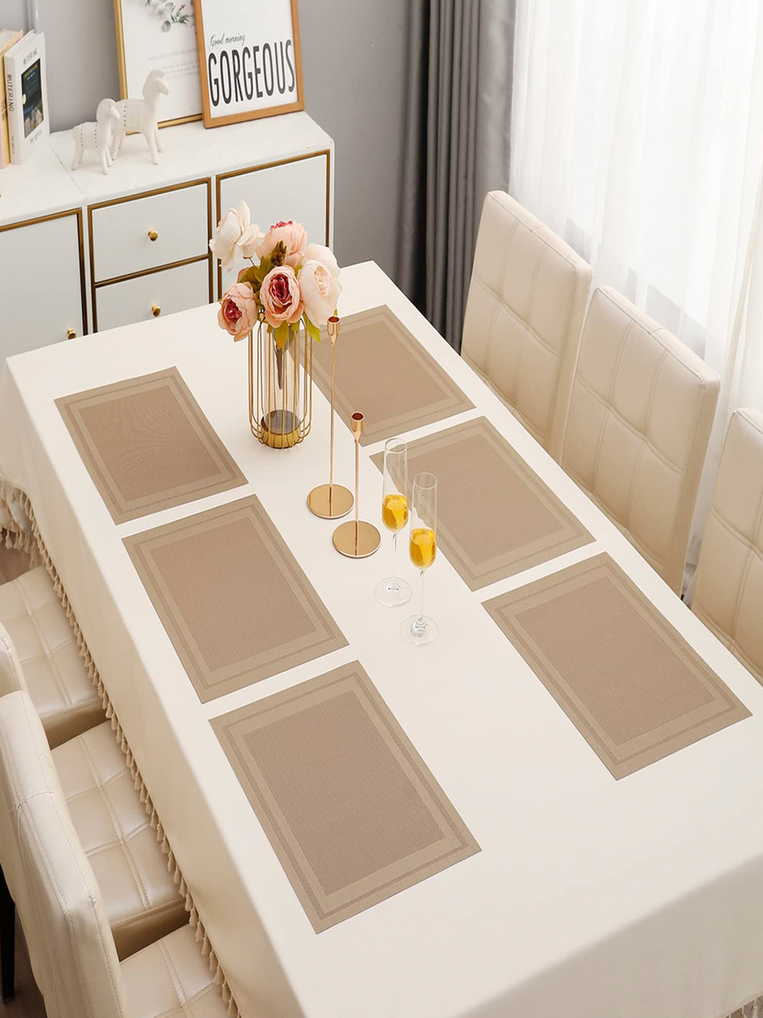 HOKIPO Set Of 6 Beige Textured & Colourblocked Washable Table Placemats