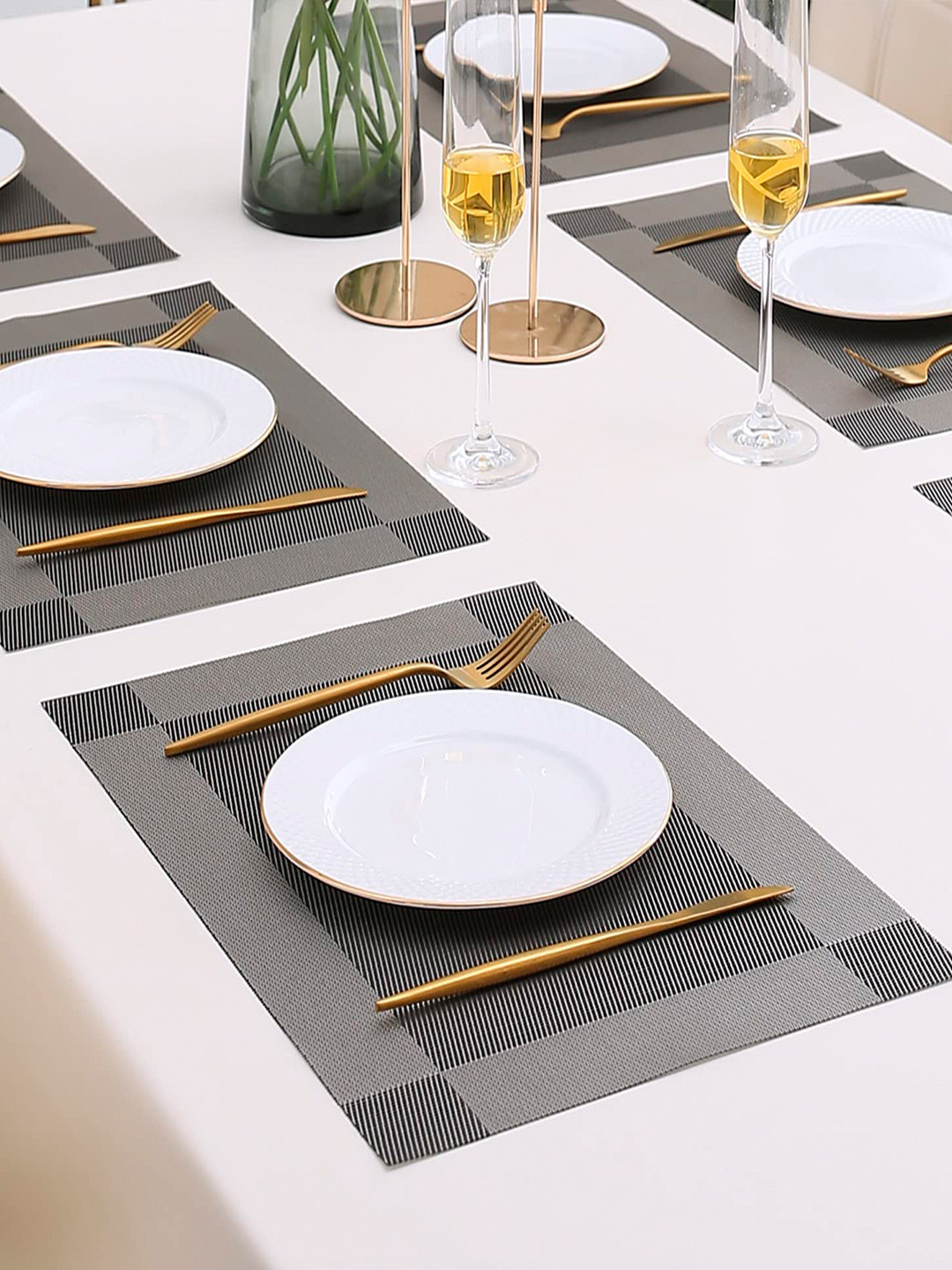HOKIPO Set Of 6 Silver Textured & Colourblocked Heat Resistant Table Placemats