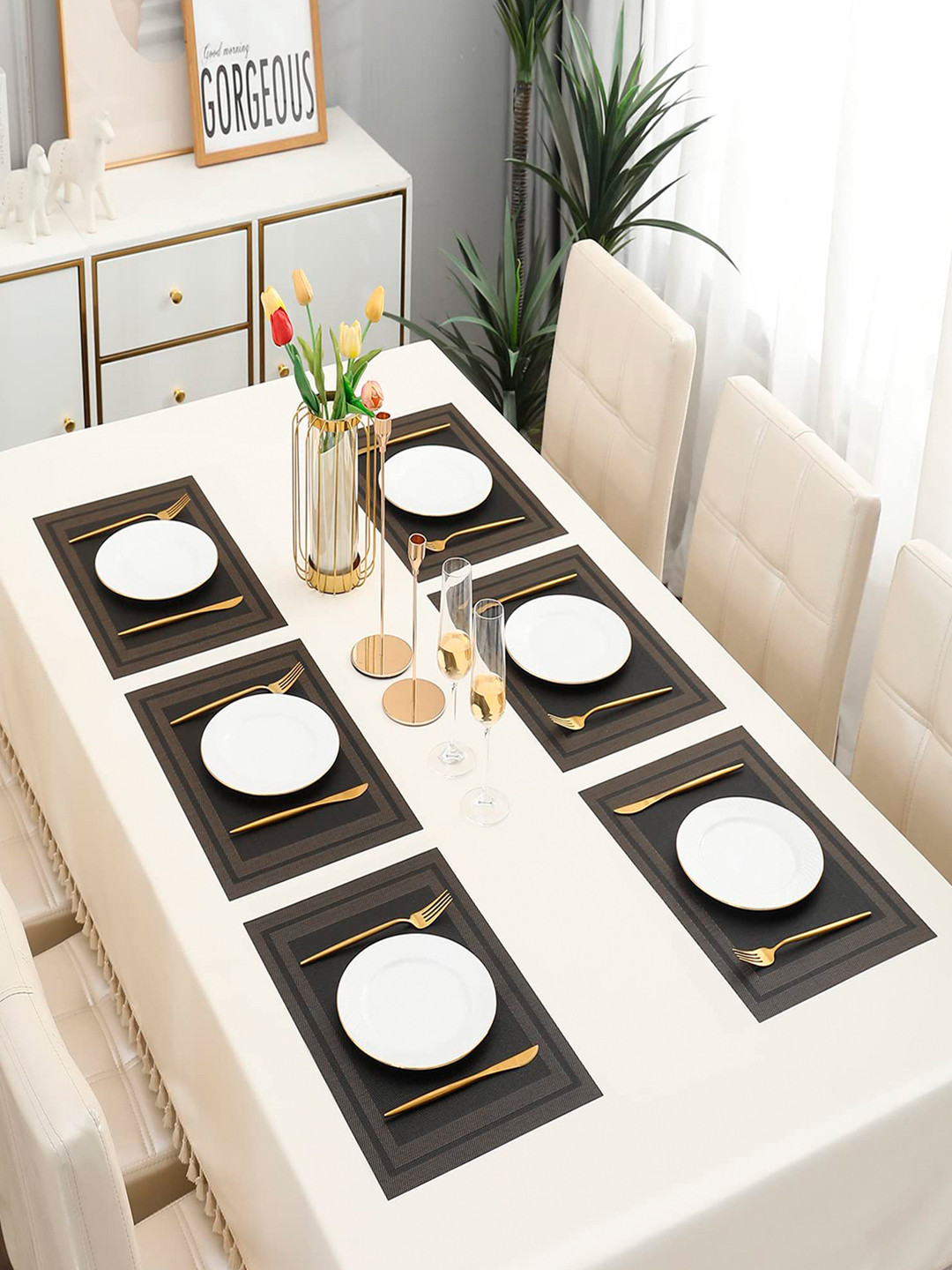 HOKIPO Set Of 6 Black & Brown Solid Heat Resistant Table Placemats