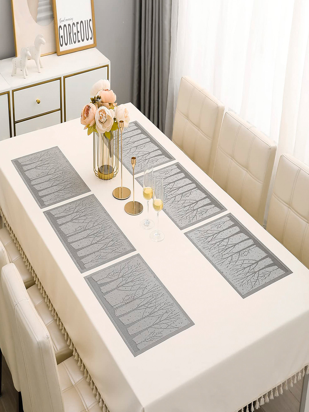 HOKIPO Set Of 6 Grey & White Striped Washable Table Placemats