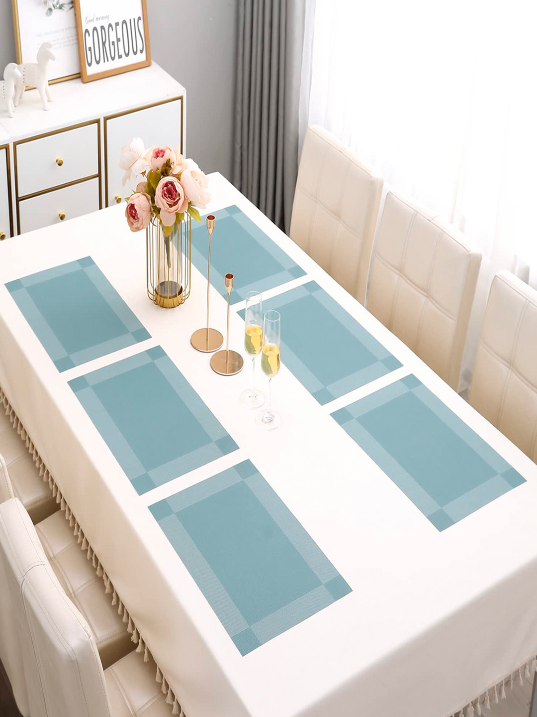 HOKIPO Blue Set Of 6 Textured & Colourblocked Washable Table Placemats