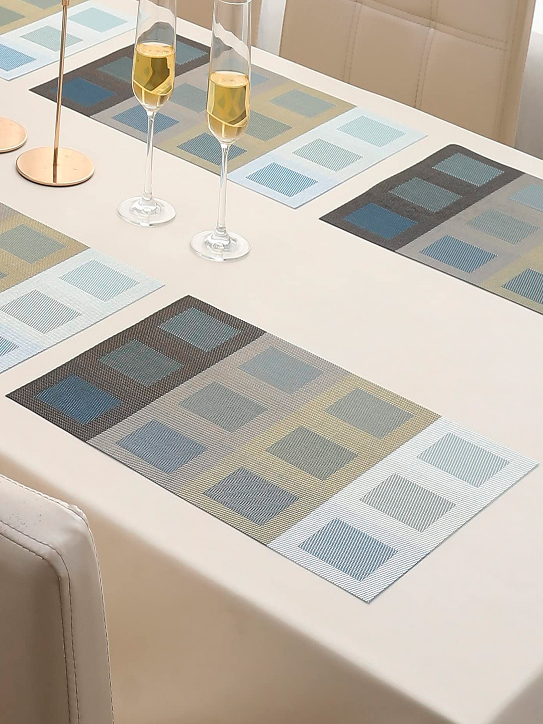 HOKIPO Set Of 6 Blue & Grey Geometric Washable Table Placemats