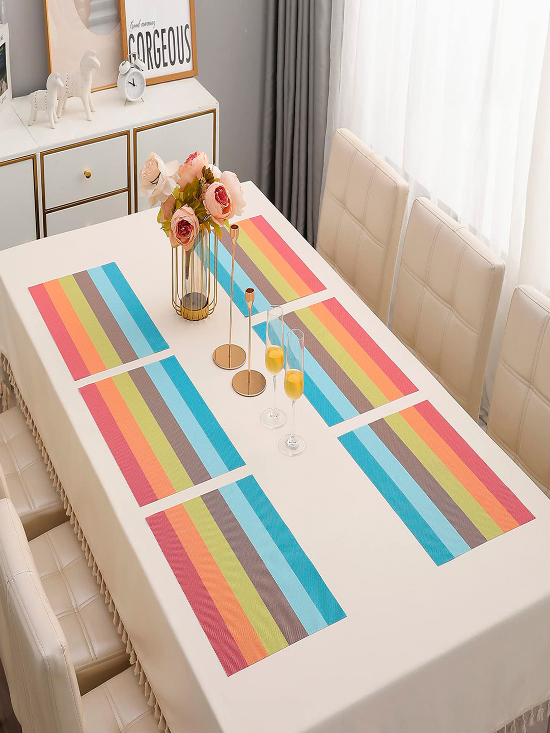 HOKIPO Set Of 6 Multicoloured Striped Heat Resistant Table Placemats