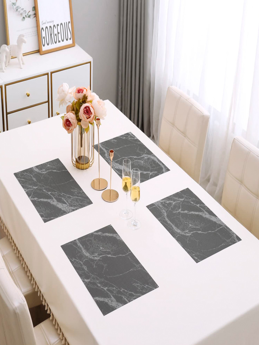 HOKIPO Set Of 4 Black & White Printed Heat Resistant Table Placemats