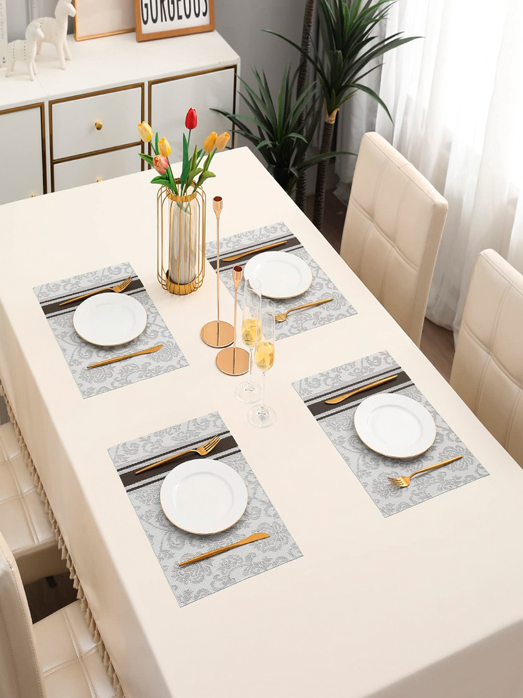 HOKIPO Set Of 4 Grey & White Ethnic Motifs Heat Resistant Table Placemats