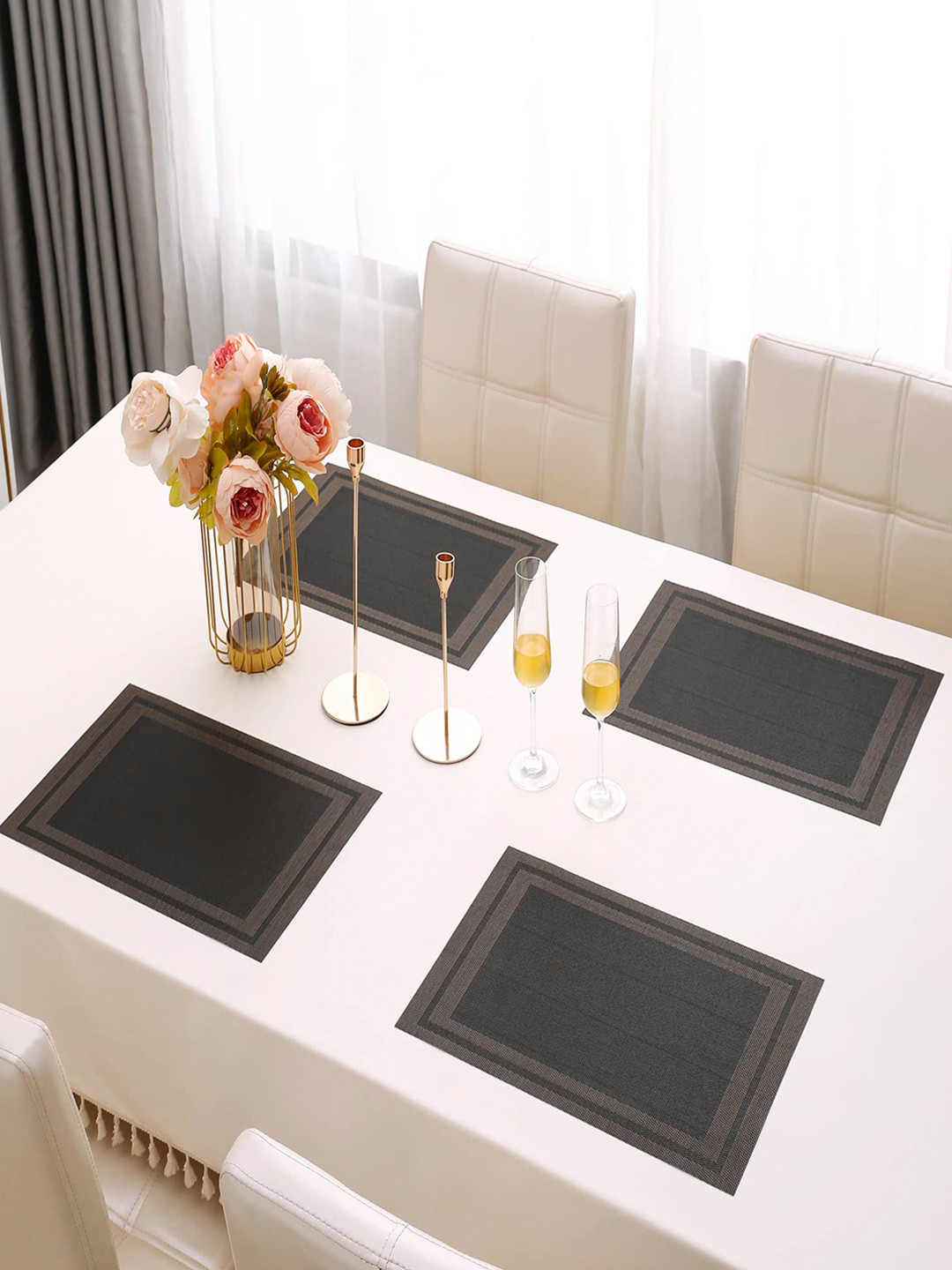 HOKIPO Black & Brown Set Of 4 Textured & Colourblocked Heat Resistant Table Placemats