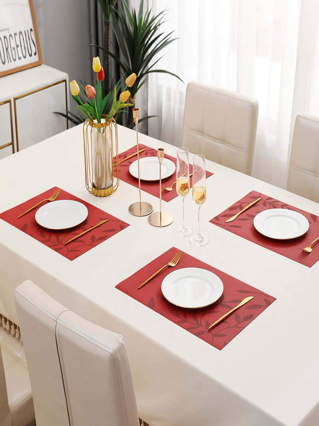 HOKIPO Set Of 4 Red Floral Heat Resistant Table Placemats