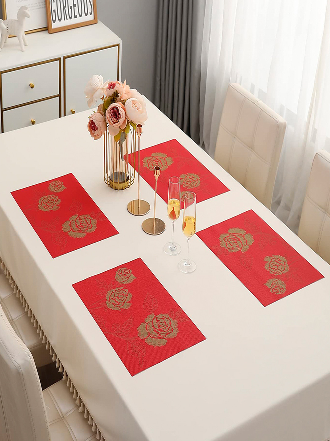HOKIPO Set Of 4 Red & Green Floral Reversible Table Placemats