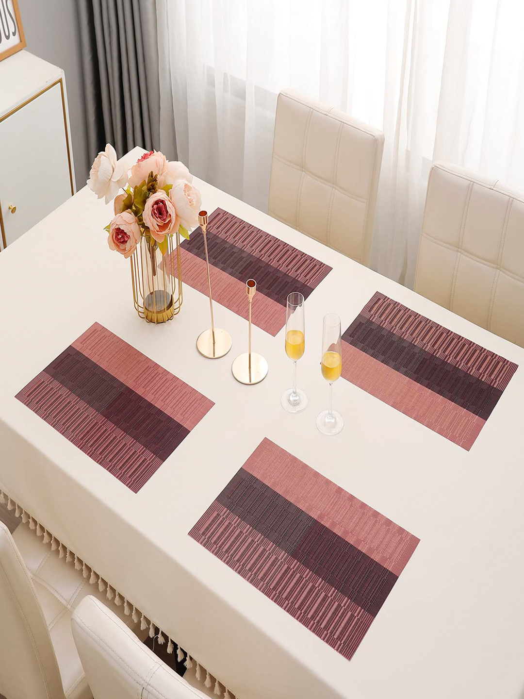 HOKIPO Set Of 4 Burgundy & Red Textured Washable Table Mats